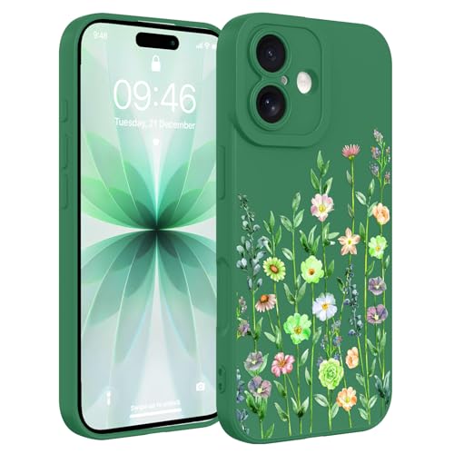 Image of Designed for iPhone 17 Case Flower for Women Girls, Green | Cute Floral Pattern Liquid Silicone Phone Case [Full Camera Protection] Slim Soft TPU Protective Cover