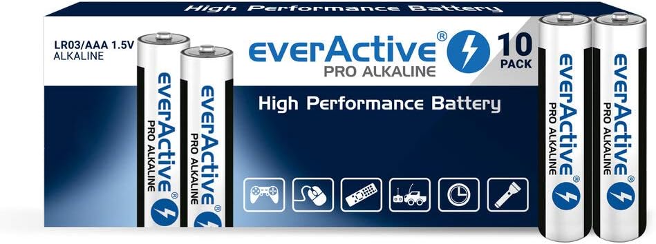 everActive AAA Batteries Pack of 10, Pro Alkaline, Micro LR03 R03 1.5 V, Highest Performance, 10 Year Shelf Life, Pack of 10, Black/White