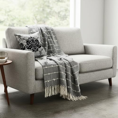 Image of SAJAVAT HOME Soft Cotton 3 Seater Sofa Throw with Cushion Covers | 80x52 Inches (204x132 Cm) | Hand-Knitted Black Throw & Silk Cushion16x16 for Sofa, Bed, Chair & Travel | Pack of 1