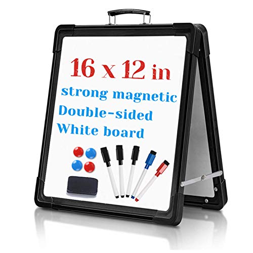 Small White-Board, 16x12 Inches Mini Magnetic Portable Dry-Erase Board, Double Sided Desktop Foldable with Stand Small-Whiteboard Easel for Kids Teacher Students Home Office,Black