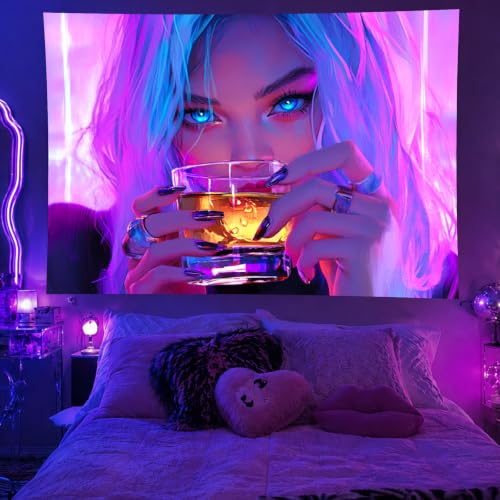 Image of BlissYard Anime Girl Blacklight Tapestry Neon Drinking Girl Fluorescent Tapestry Blacklight Sexy Lady Glow In The Dark Art Wall Hanging Poster Room Bedroom Party Backdrop Decor 78x59 Inch