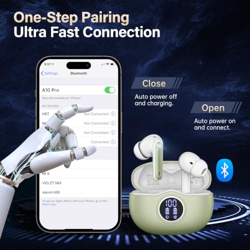 Image of Wireless Earbuds, Bluetooth 5.3 Headphones HiFi Stereo 50H Playback LED Digital Display Ear Buds with ENC Noise Canceling Headset, IPX7 Waterproof Earphones for Gym /Running /Work(Light Green)