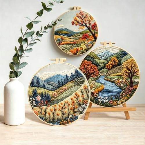 Image of EUBUY Embroidery Kit for Beginners, 3 Set Landscape Embroidery Kits for Beginners, Boho Nature Landscape Pre-Stamped Pattern Kits for Adults with Hoop Needles Threads