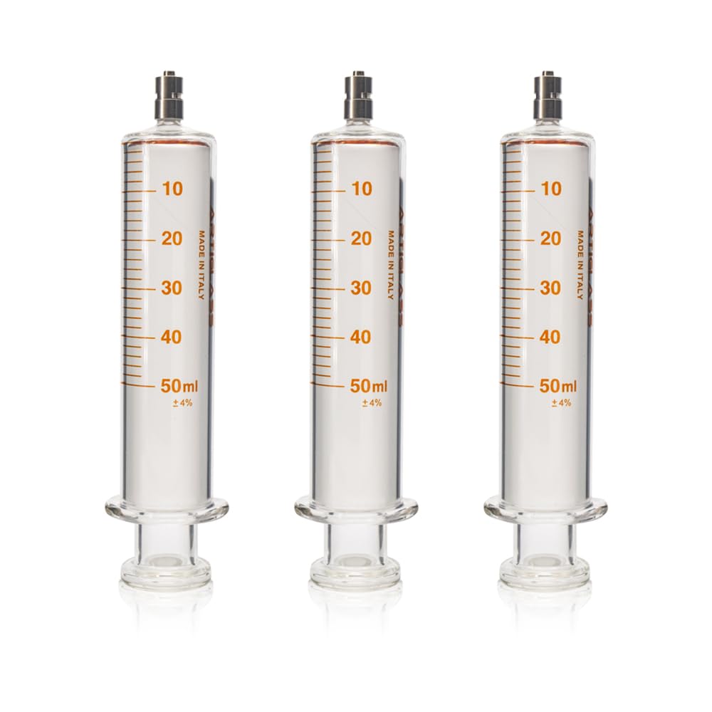 Kit 3 Siringhe in Vetro 50 ml con Punta Luer Lock per Uso Tecnico Riutilizzabile, Siringa Alta Precisione per Laboratorio Resistente a Oli, Inchiostri, Vernici, Made in Italy
