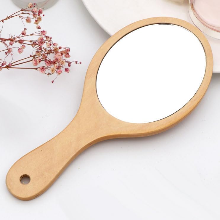 1 Piece Wooden Makeup Mirror Oval Handheld Mirror with Handle Single Side Cosmetic Mirror Vanity Handheld Mirror Handheld Vanity Mirror, 3.94 x 8.86 Inches, Wooden image 4