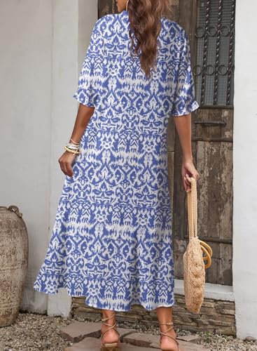 Dokotoo Women Boho Summer Dress 2024 Frill Short Sleeve Tassel V Neck Ruffle Flowy A-Line Maxi Dresses2