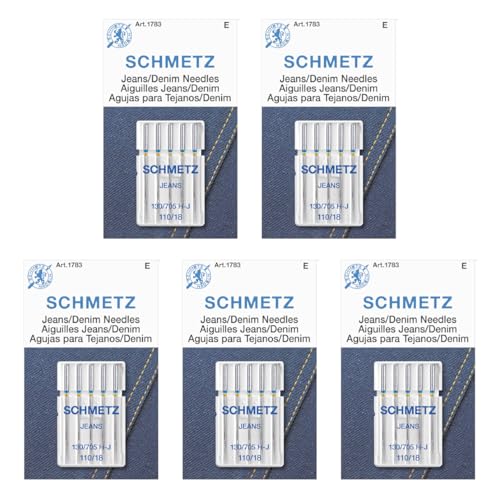 SCHMETZ Jean & Denim Sewing Machine Needles - Precision Needles for Heavy Fabric Size 110/18 5-Needle Cards Pack of 5