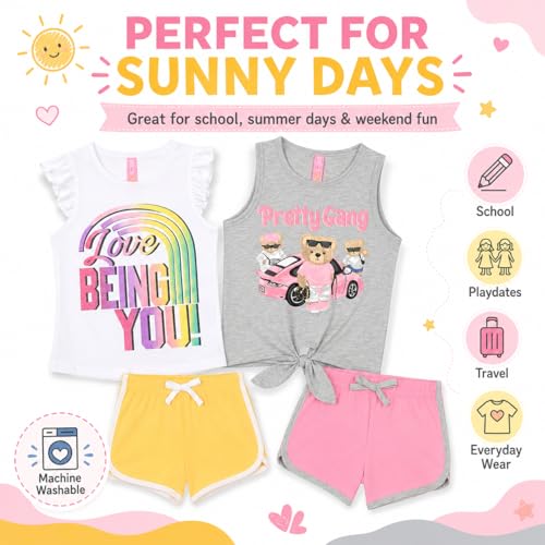 Image of Dreamstar Girls 4 Piece Outfit Set - Sleeveless Graphic Top with Dolphin Shorts, Cute Summer Matching Set for Kids and Tweens