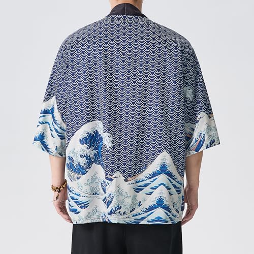 Image of Men's Japanese Kimono Robe Jacket Lightweight 3 /4 Sleeve Open Front Yukata | Silky Smooth Fashion Print Happi Coat Lightweight Breathable Loose Unisex Haori Casual Summer Cardigan Daily Beach Vacation