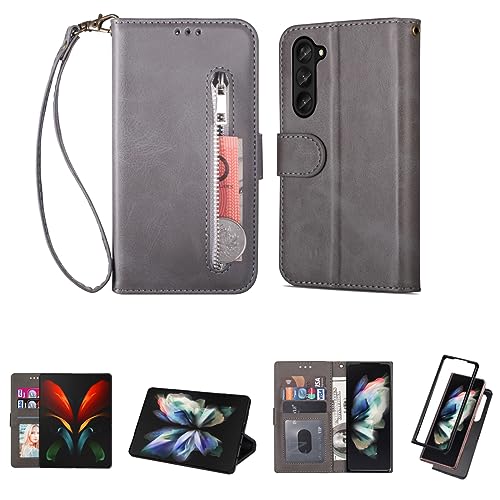 Étui pour Samsung Galaxy Z Fold 5 avec fente pour cartes et protection RFID en cuir gris