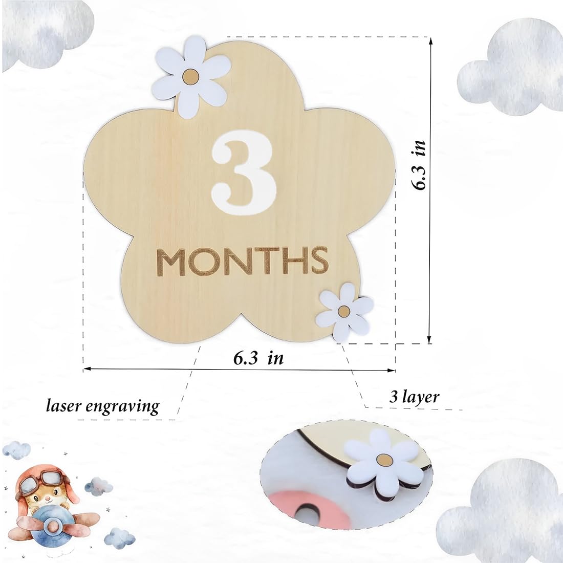 1 Pièce avec Points de Colle, Style Floral, en Bois, Etape Bebe, Accessoires Photo pour Nourrissons de 0 à 12 Mois, Enregistrement de Croissance, Mois Par Mois, Accessoires Bebe (Floral Style)