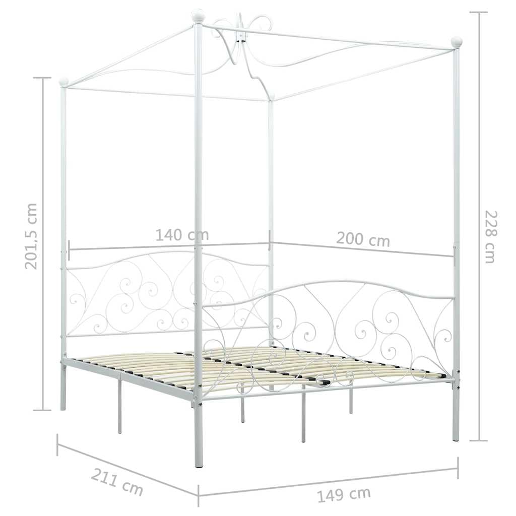 Rama łóżka z baldachimem, biała, metalowa, ze stelażem 140 x 200 cm, stabilna rama, nadaje się do maty, łóżka rodzinnego, kontynentalnego 90 x 200 cm, idealna do sypialni