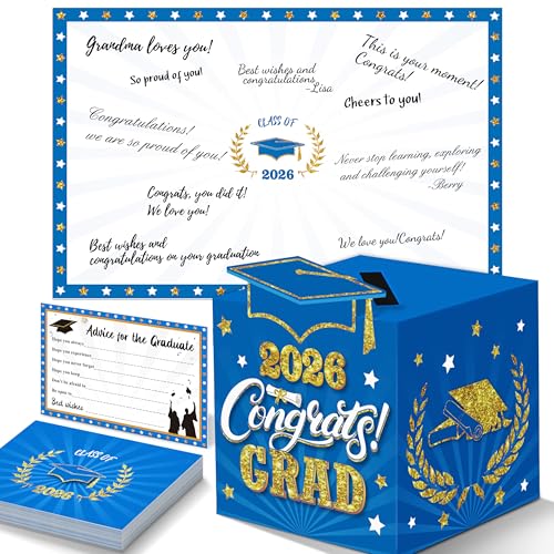 Image of Graduation Decorations Blue and Gold 2026 - Guest Book Alternative, Graduation Cards Box with 36PCS Advice Cards, Signature Board Congrats Grad Decoration Graduation Supplies 2026