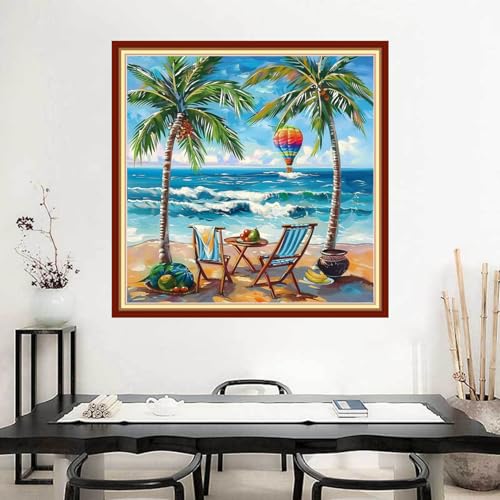 Image of Joyhoor Stamped Cross Stitch Kits for Beginners Needlepoint Kits for Adults Embroidery Kits 11CT Counted Cross Stitch Kits Printed Embroidery Pattern-Rest by the Seaside 18x18 inchs