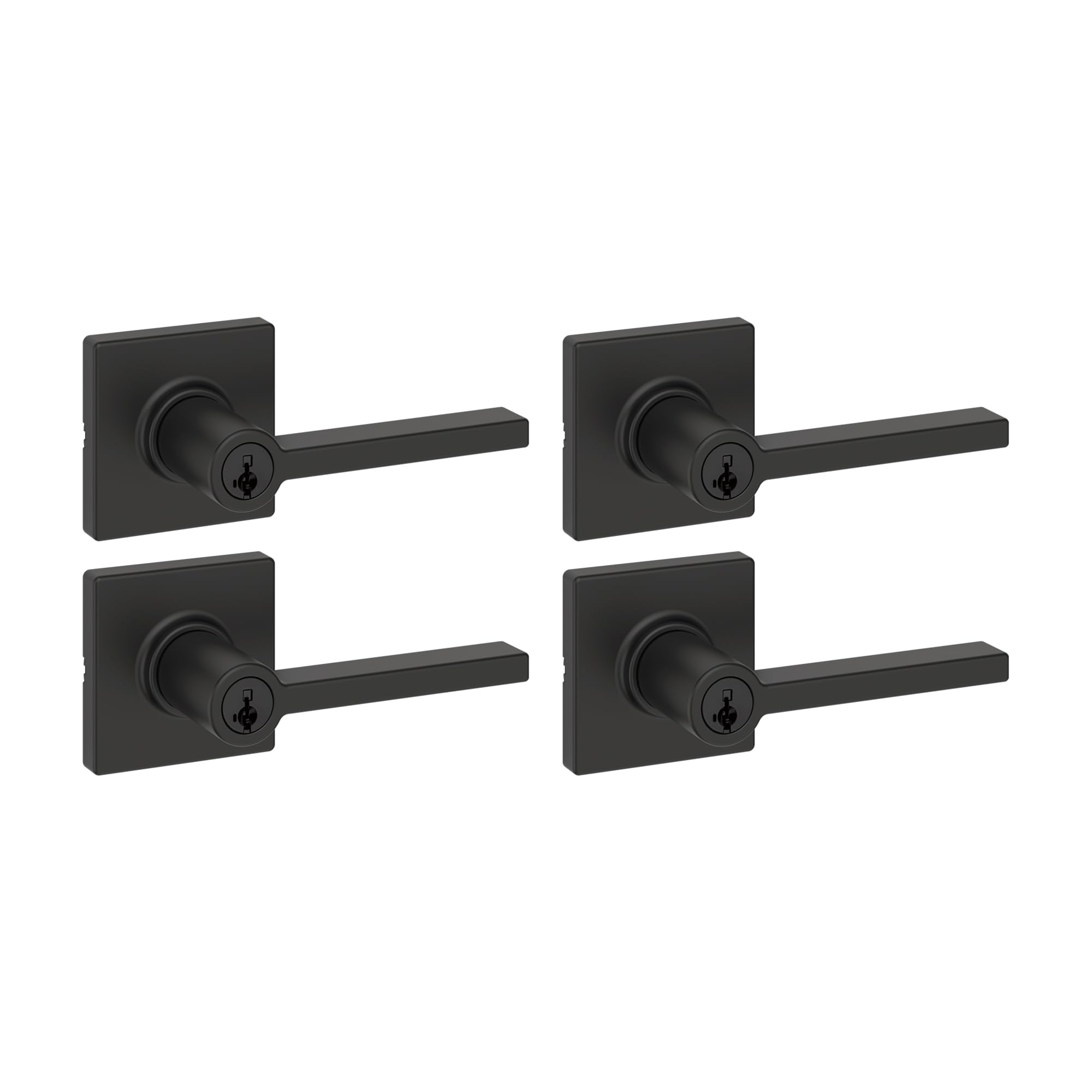 Kwikset Casey Entry Door Handle with Lock and Key, Secure Keyed Reversible Lever Exterior, for Front Entrance and Bedrooms, Matte Black, 4 Pack, Pick