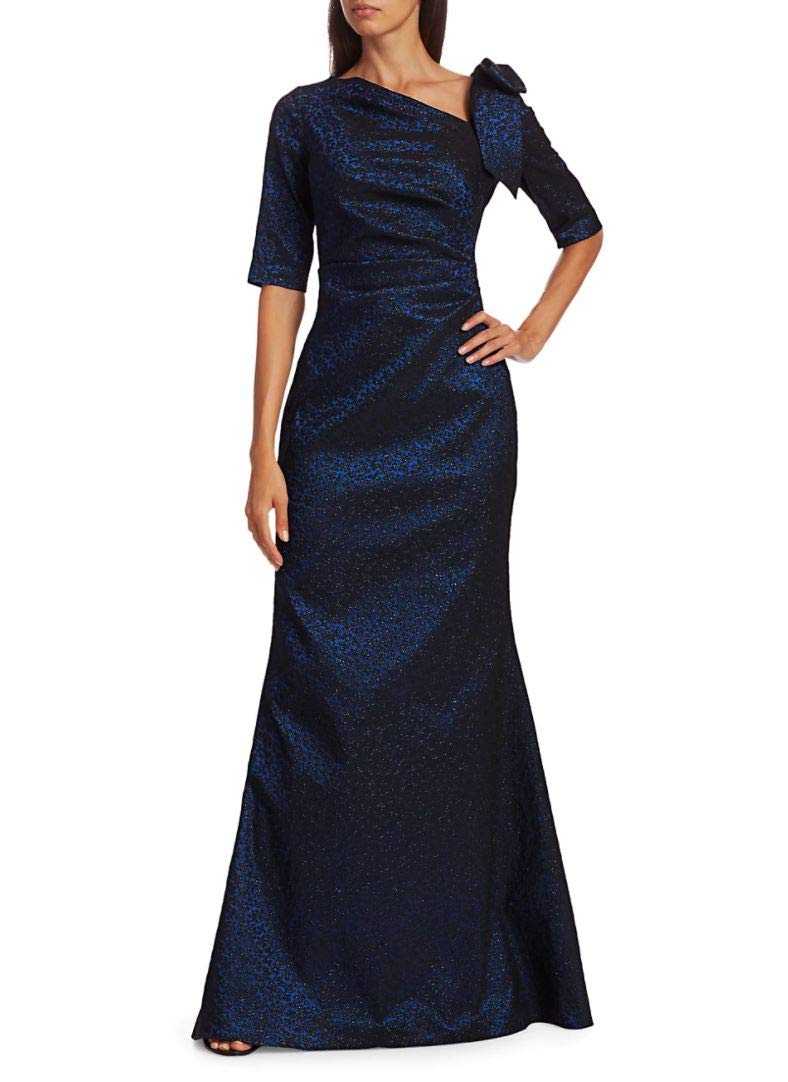 Teri Jon by Rickie Freeman Metallic Bow Shoulder Gown, 18 Sapphire