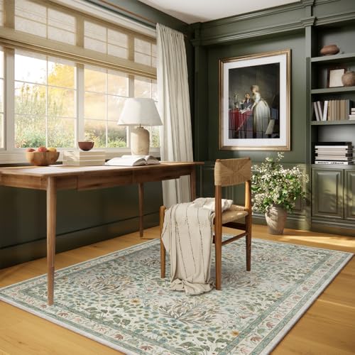 Image of Vintage Washable Area Rug 4x6, Beige & Blue Low Pile Non-Slip Stain Resistant, Distressed Retro for Bedroom Under Bed, Living Room, Nursery, Kitchen & Entryway