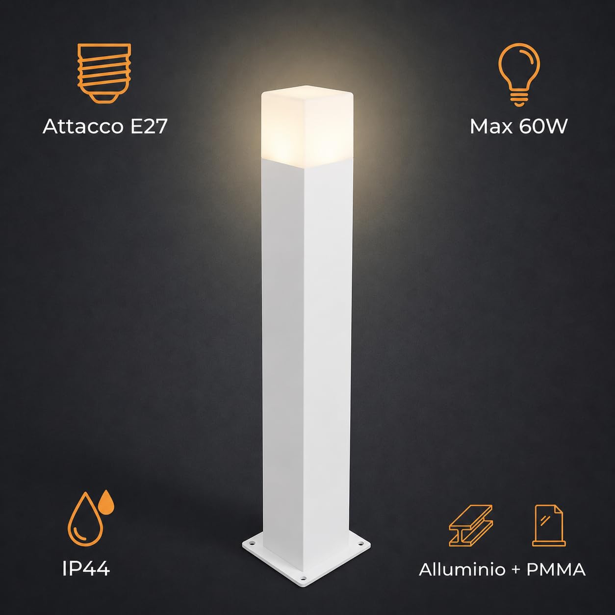 Lampioncino da Giardino E27 Bianco 74 cm Paletto Luce Esterno Moderno per Vialetti e Ingressi Attacco E27 Alluminio Diffusore Opaco IP44 (Bianco)