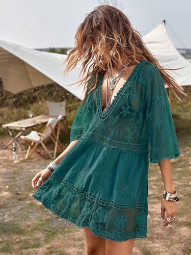 Image of Eomenie Women's Contrast Lace Bathing Suit Cover Up V-Neck Swimsuit Coverups Loose Swimwear Beach Dress Beachwear Navy Blue