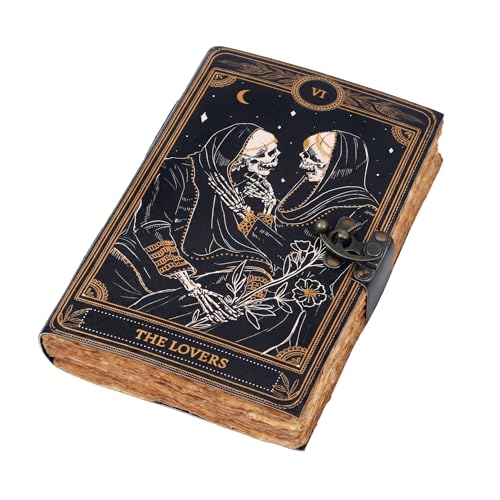 cuero Book of Spells Leather Journal Deckle Edge Paper Grimoire Printed Journal The Lovers Tarot Notebook Spiral Gothic Notebook Skull lover Antique Vintage Leather Journals for Men and Women