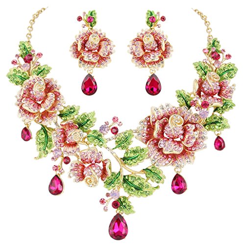 EVER FAITH Austrian Crystal Elegant Rose Flower Leaf Teardrop Neckalce Earrings Set Pink Gold-Tone