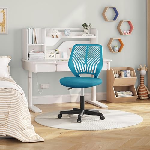 Image of Yaheetech Small Desk Chair, Armless Adjustable Swivel Seat, Turquoise | Padded mesh seat and ventilated resin back, compact armless frame rolls and adjusts for study and small desks, holds 300 lb.