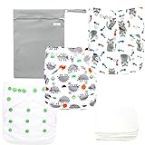 Langsprit Baby Cloth Diaper with Highly Absorbent Bamboo Inserts & Wet Bag,Reusable Unisex Baby Diapers,Baby Shower Gift (Animal)
