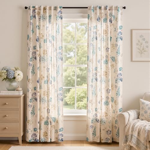 Image of jinchan Floral Linen Curtains 84 Inch Vintage Cottagecore Back Tab 2 Panels