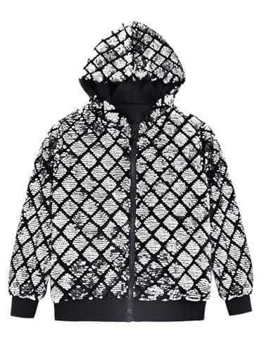 Image of Lars Amadeus Argyle Silver Sequins Jackets for Men's Long Sleeves Metallic Shiny Hooded Disco Jacket XX-Large