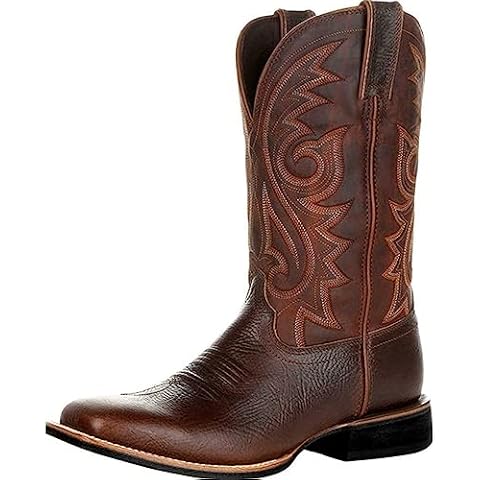 furlinkhm Western Cowboy Boots for Men,Western Square Toe Cowboy Boots Retro Leather Embroidery Casual Chunky Heel Wide Calf Pull On Boots (Brown, 10) Cover