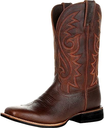 Western Cowboy Boots for Men,Western Square Toe Cowboy Boots Retro Leather Embroidery Casual Chunky Heel Wide Calf Pull On Boots