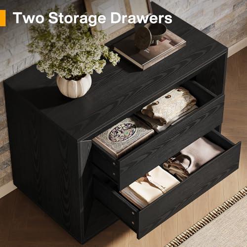 Image of Tribesigns Nightstand, Large Night Stand with 2 Drawers, Oversized Nightstand Bedside Table Sofa End Table for Bedroom, Black