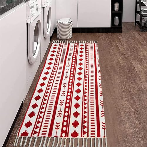 Image of SAGON 2x5 Ft Printed Runner Carpet - Cotton Bedside Rug for Bedroom & Living Room (Red Arrow Geomatric)