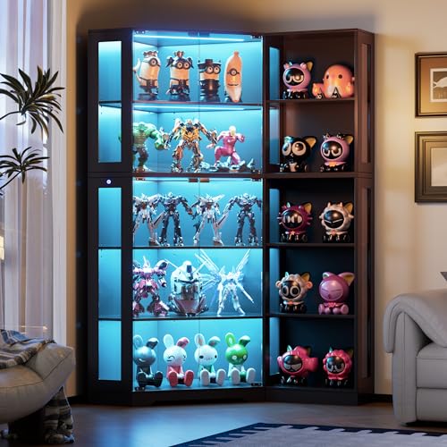 PAKASEPT Corner Display Curio Cabinet with Glass Doors, Glass Display Case with LED Lights for Collectibles,Display Storage Shelves for Living Room,Black