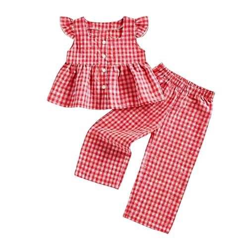 Ropa a cuadros para niñas pequeñas, manga corta, cuello cuadrado, botones y cintura elástica, pantalones rectos de 1 a 6 años, hot pink, 12-18 meses