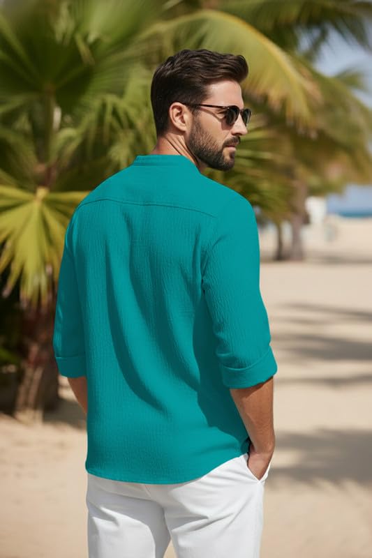 Image of Men's Cotton Blend Short Kurta with Collared Neck Full Sleeves Solid Pattern Western Style Regular Fit and Standard Length