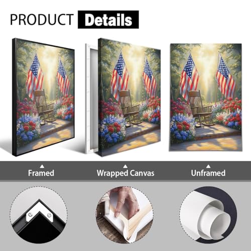 Image of American Flag Canvas Wall Art, 4th of July Patriotic Poster Print, USA Flag and Garden Floral Landscape Picture, Rustic Independence Day Wall Decor for Bedroom Living Room 16x24in Framed