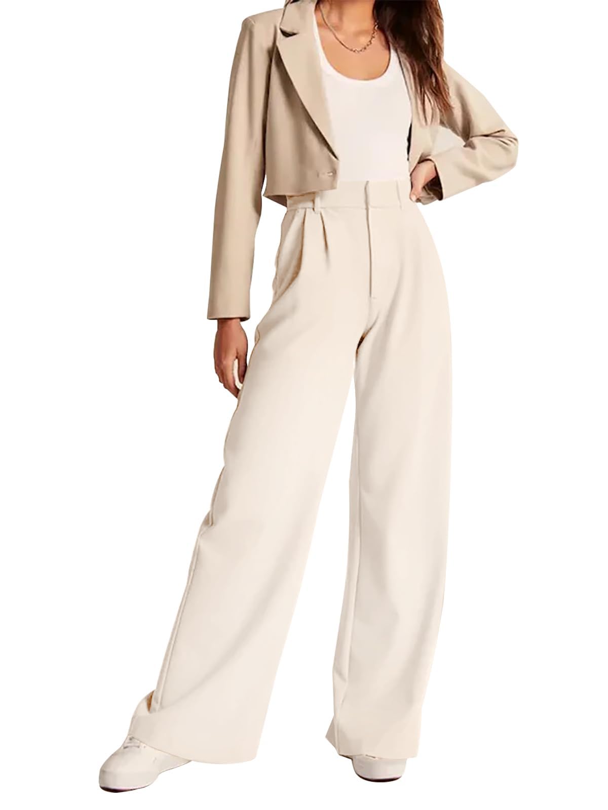 Chatinction Womens High Waisted Wide Leg Pants Business Casual Dress Pant Palazzo Flowy Trousers with Pockets