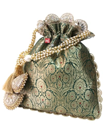 Image of MILAN'S CREATION Pure Banarasi Potli Silk Brocade Bag Purse Drawstring Women's handbag with Pearl Handle & Tassel Weddings