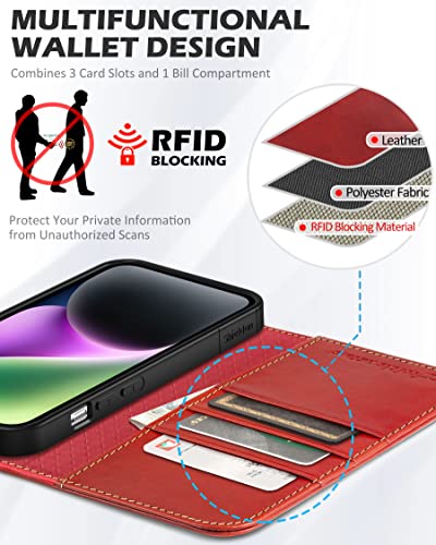 Shieldon Wallet Case For Iphone 14 5G 2022, Genuine Leather Folio Case Magnetic Closure Rfid Blocking Card Slots Kickstand Full Protection Case Compatible With Iphone 14 (6.1 Inch) - Retro Red #TOP2