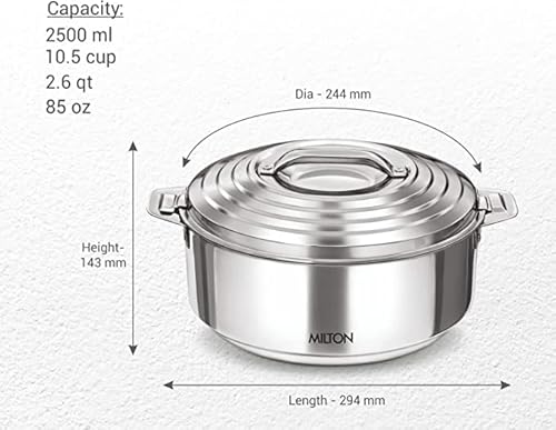 Milton Galaxia 2500 Insulated Stainless Steel Casserole, 2450 Ml | 83 Oz | 2.6 Qt. Thermal Serving Bowl, Keeps Food Hot & Cold For Long Hours, Elegant Hot Pot Food Warmer Cooler, Silver #TOP1