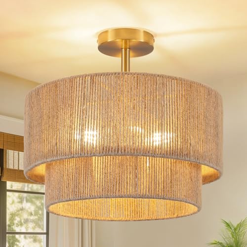 ABEAJAT 3-Light Boho Light Fixtures Ceiling Mount, 15.4' Rattan Semi Flush Ceiling Light with 2-Tier...
