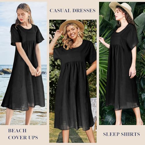 BSBUY Vestido Camiseta Mujer Manga Corta, Vestido Mujer Verano en Talla Grandes, Casual Vestidos Hasta la Rodilla para Mujer, con Plisado, con Bolsillos y Cuello Redondo, Negro-XL
