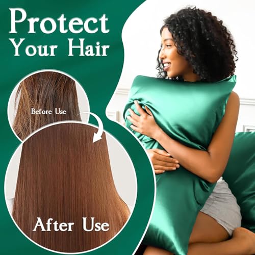 Image of Satin Pillow Covers Set of 2 with 3 Free Random Color Hair Scrunchies - Anti-Frizz, Skin-Friendly, Soft & Durable Pillowcase Set for All Hair Types (Dark Green)