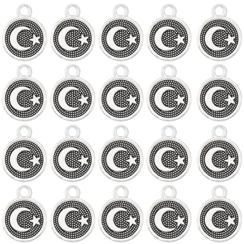 SUNNYCLUE 1 Box 100Pcs Silver Moon And Star Charms Crescent Moon Charm Bulk Tibetan Style Alloy Plated Beads Metal Round Charm for Jewellery Making Charms Supplies DIY Necklace Bracelet Earrings Adult