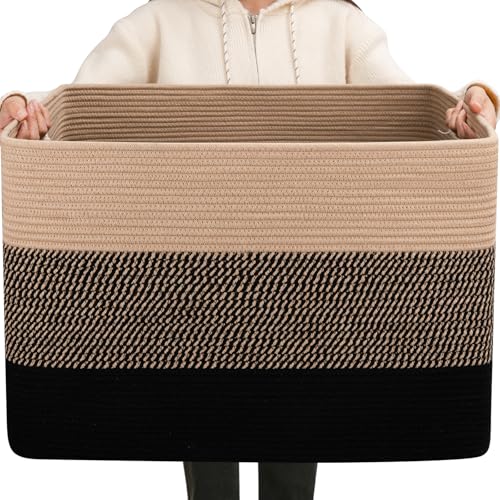 OIAHOMY 108L Super Large Blanket Basket, 25x16x16 Rectangle Woven Baskets for Storage, Cotton Rope Basket For Living Room, Toy Storage with Handle- Yellow and Black