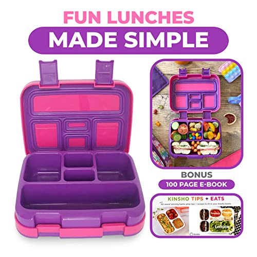 Image of kinsho Bento Lunch Box for Kids Toddlers Girls, 5 Portion Sections Secure Lid, Microwave Safe BPA Free Removable Tray, Pre-School Kid Daycare Lunches Snack Container Ages 3 to 5, Pink Purple