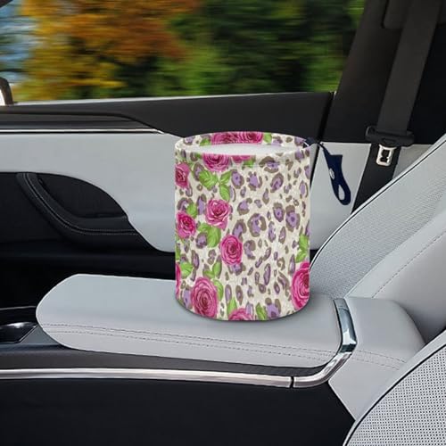 Image of Leopard Purple Rose Mini Trash Bin Waterproof Multipurpose Car Organizer for Women Interior