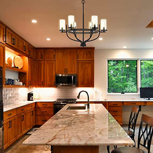 Homebelife 6-Light Farmhouse Chandelier Lighting Fixture, Country Rustic Wagon Wheel Island Light For Kitchen Dining Room, Oiled Black & Faux Wood Finished With Clear Glass Shade #TOP3