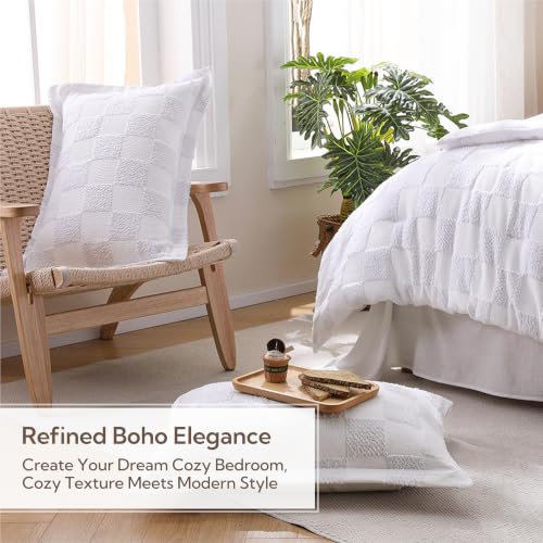 Image of MR&HM 7 Pieces Comforter Set Full, Checkered Boho Tufted Bed Set White | Farmhouse Vintage Bed with Plaid Geometric Design, All-Season Bed in A Bag Comforter with Sheets, Pillow Shams & Pillowcases